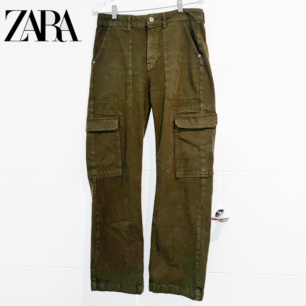 ZARA Cargo Olive Green Wide Leg Straight Pants | Size 6
